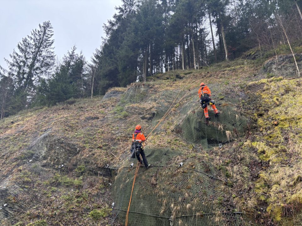 Das Bild zeigt zwei Personen in orangefarbener Schutzkleidung und Helmen, die an einer steilen, felsigen Böschung arbeiten. Sie sind mit Seilen gesichert und kontrollieren ein großflächiges Drahtnetz, das zur Sicherung gegen Steinschlag angebracht ist. Im Hintergrund sind hohe Bäume und ein bewaldeter Hang zu sehen, während der Boden mit Moos und Gras bewachsen ist.