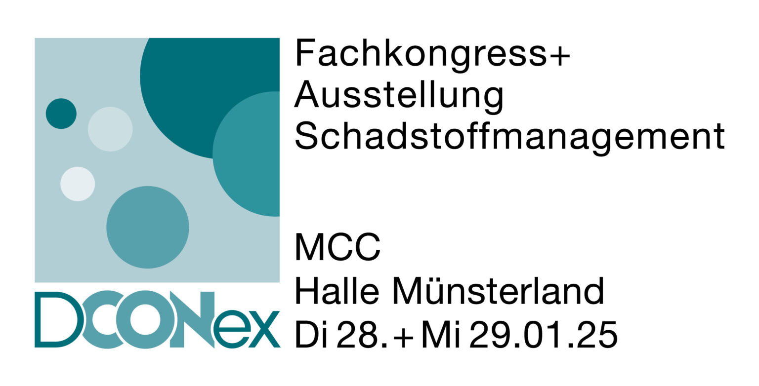 Das Bild zeigt ein Logo und Text für eine Veranstaltung zum Thema Schadstoffmanagement. Links befindet sich ein grafisches Element mit mehreren unterschiedlich großen Kreisen in Blau- und Grüntönen sowie der Schriftzug DCONex. Rechts steht in schwarzer Schrift die Ankündigung für den Fachkongress und die Ausstellung Schadstoffmanagement, mit Angaben zum Veranstaltungsort MCC Halle Münsterland und dem Datum Dienstag, 28. Januar und Mittwoch, 29. Januar 2025.