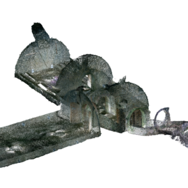 Das Bild zeigt ein 3D-Modell eines Gebäudes mit mehreren gewölbten Strukturen, die wie Keller- oder Tunnelbereiche wirken. Die Darstellung besteht aus punktförmigen Elementen, die die Konturen und Oberflächen der Räume andeuten. Rechts im Bild ist ein kleiner separater Bereich mit einem Bogen und einer angedeuteten Treppe zu erkennen.