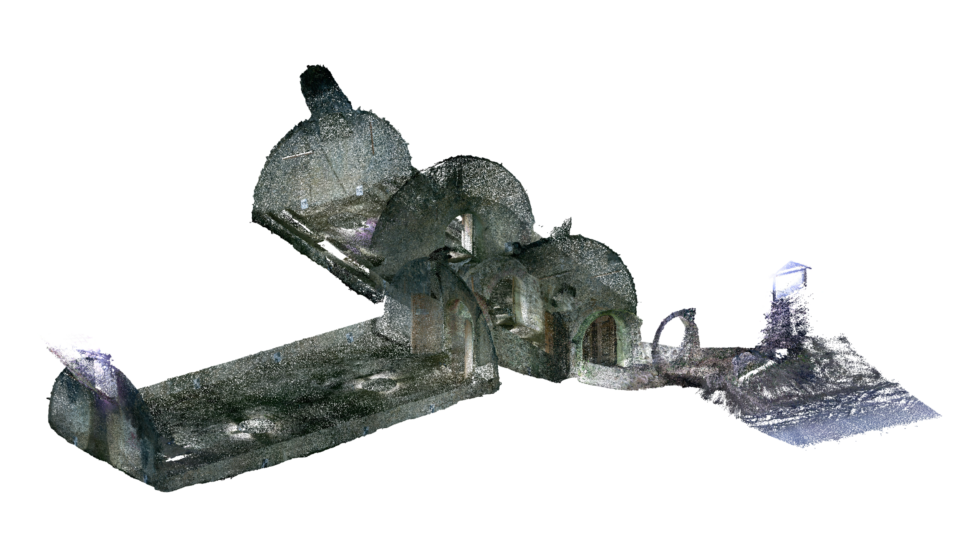 Das Bild zeigt ein 3D-Modell eines Gebäudes mit mehreren gewölbten Strukturen, die wie Keller- oder Tunnelbereiche wirken. Die Darstellung besteht aus punktförmigen Elementen, die die Konturen und Oberflächen der Räume andeuten. Rechts im Bild ist ein kleiner separater Bereich mit einem Bogen und einer angedeuteten Treppe zu erkennen.