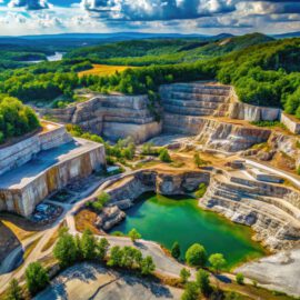 Das Bild zeigt einen terrassenförmig angelegten Steinbruch inmitten einer grünen Wald- und Hügellandschaft. In der Mitte befindet sich ein türkisfarbener Wassersee, umgeben von abgestuften Gesteinswänden und geschwungenen Fahrwegen. Im Hintergrund sind Wälder, Felder und ein Fluss unter einem teils bewölkten Himmel zu sehen.