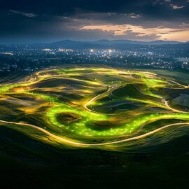 Das Bild zeigt eine nächtliche Luftaufnahme einer hügeligen Landschaft mit geschwungenen, hell beleuchteten Wegen oder Anlagen. Die grünen Flächen sind von gleichmäßigen Lichtpunkten durchzogen, die ein geometrisch-organisches Muster bilden. Im Hintergrund sind die Lichter einer Stadt und dunkle Bergsilhouetten am Horizont zu erkennen.