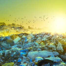 Das Bild zeigt eine große Mülldeponie mit weitläufigen Abfallbergen aus Plastik, Säcken und gemischtem Unrat. In der warmen Abend- oder Morgensonne liegt ein gelblicher Dunst über der Landschaft, während Vögel über die Szenerie fliegen. Die Darstellung vermittelt die Ausdehnung der Abfallmengen und die Belastung für die Umwelt.