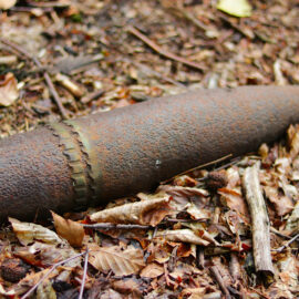 Das Bild zeigt eine stark verrostete, längliche Metallhülle, die auf dem Waldboden liegt. Sie ist von trockenen Blättern und kleinen Ästen umgeben, was auf eine natürliche Umgebung hinweist. Die Form und Struktur lassen erkennen, dass es sich um ein altes, vermutlich militärisches Geschoss handelt.