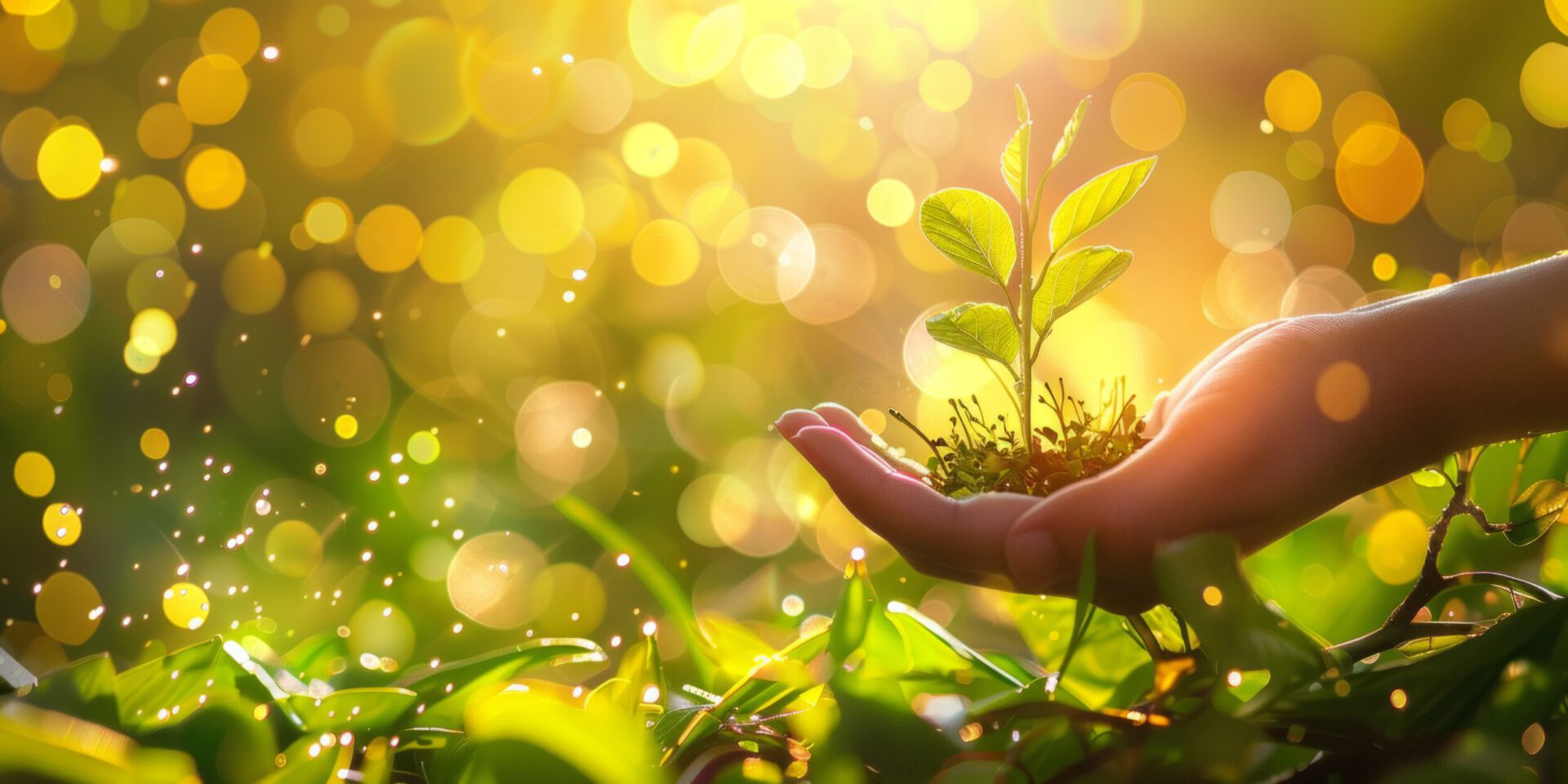 Das Bild zeigt eine Hand, die behutsam eine kleine Pflanze mit Erde hält, umgeben von grünem Blattwerk. Warme Sonnenstrahlen und viele weich leuchtende Lichtpunkte erzeugen eine ruhige, natürliche Atmosphäre. Die Darstellung vermittelt Wachstum, Achtsamkeit und Nähe zur Natur.