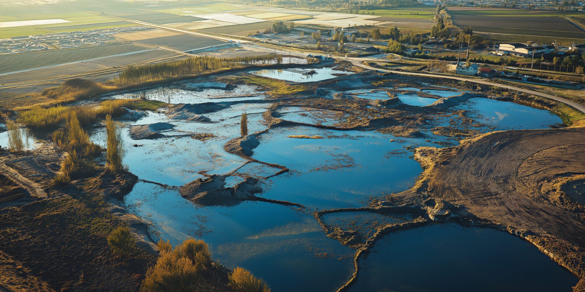 Das Bild zeigt eine Luftaufnahme einer weitläufigen Feucht- und Wasserlandschaft mit mehreren flachen, miteinander verbundenen Wasserflächen. Dazwischen verlaufen schmale Dämme, Erdwege und bewachsene Uferbereiche mit Bäumen und Sträuchern. Im Hintergrund sind Felder, Straßen und vereinzelte Gebäude einer ländlichen Umgebung zu erkennen.