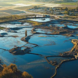 Das Bild zeigt eine Luftaufnahme einer weitläufigen Feucht- und Wasserlandschaft mit mehreren flachen, miteinander verbundenen Wasserflächen. Dazwischen verlaufen schmale Dämme, Erdwege und bewachsene Uferbereiche mit Bäumen und Sträuchern. Im Hintergrund sind Felder, Straßen und vereinzelte Gebäude einer ländlichen Umgebung zu erkennen.