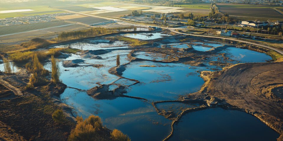 Das Bild zeigt eine Luftaufnahme einer weitläufigen Feucht- und Wasserlandschaft mit mehreren flachen, miteinander verbundenen Wasserflächen. Dazwischen verlaufen schmale Dämme, Erdwege und bewachsene Uferbereiche mit Bäumen und Sträuchern. Im Hintergrund sind Felder, Straßen und vereinzelte Gebäude einer ländlichen Umgebung zu erkennen.