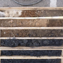 Das Bild zeigt eine Holzkiste mit mehreren Fächern, in denen unterschiedliche Boden- und Gesteinsschichten sortiert sind. Die oberen Fächer enthalten helle und rötliche Steine sowie grobes Material, während die unteren Fächer dunkle, fast schwarze Erde und Gesteinsstücke zeigen. Die Anordnung verdeutlicht die verschiedenen Schichten, die bei einer Bohrung entnommen wurden.