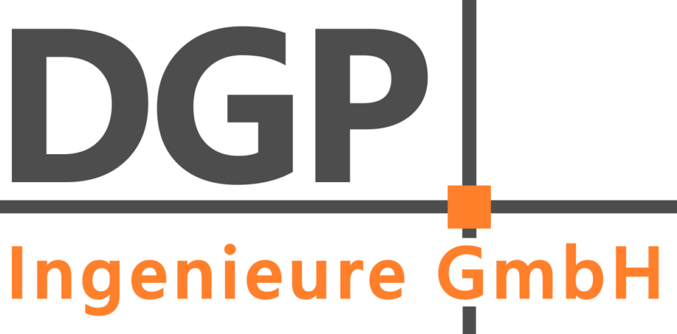 Das Bild zeigt ein modernes Firmenlogo auf schwarzem Hintergrund. Groß und dominant steht oben links der Schriftzug „DGP“ in dunkelgrauer Farbe. Eine dünne graue horizontale Linie verläuft darunter. Darunter steht in leuchtend orangener Schrift der Text „Ingenieure GmbH“.