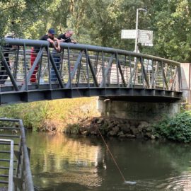 Das Bild zeigt eine Metallbrücke über einem kleinen Fluss, auf der mehrere Personen stehen und mit einer Leine oder einem Seil eine Probe aus dem Wasser entnehmen. Unter der Brücke fließt klares Wasser, umgeben von grüner Vegetation und Bäumen im Hintergrund. Die Szene wirkt wie eine praktische Messung oder Untersuchung in einer natürlichen Umgebung.