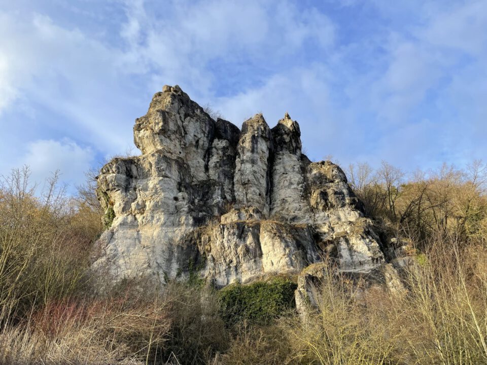 Das Bild zeigt ein markantes Felsmassiv mit steilen, senkrechten Wänden, das sich deutlich aus der umgebenden Landschaft erhebt. Die Felsen sind hellgrau bis beige gefärbt und weisen zahlreiche Risse und Strukturen auf, während am unteren Rand dichte Sträucher und kahle Äste zu sehen sind. Im Hintergrund ist ein blauer Himmel mit vereinzelten Wolken, was die Felsformation klar hervorhebt.