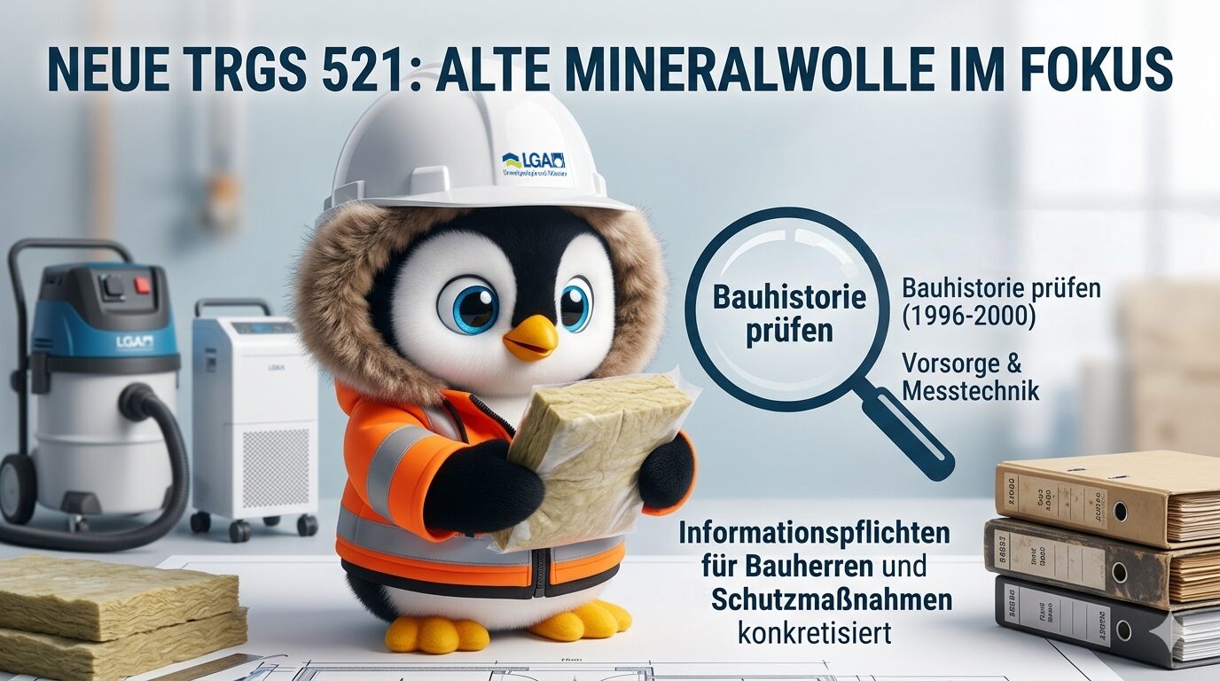 Eine gezeichnete Figur in Schutzkleidung und mit Helm steht in einer modernen Arbeitsumgebung und hält ein Stück alte Mineralwolle in den Händen. Im Hintergrund sind technische Geräte sowie weitere Dämmmaterialien und Ordner sichtbar, die auf eine Prüfsituation hindeuten. Zusätzlich werden grafische Elemente wie eine Lupe und erklärende Hinweise zur Bauhistorie und zu Schutzmaßnahmen dargestellt.