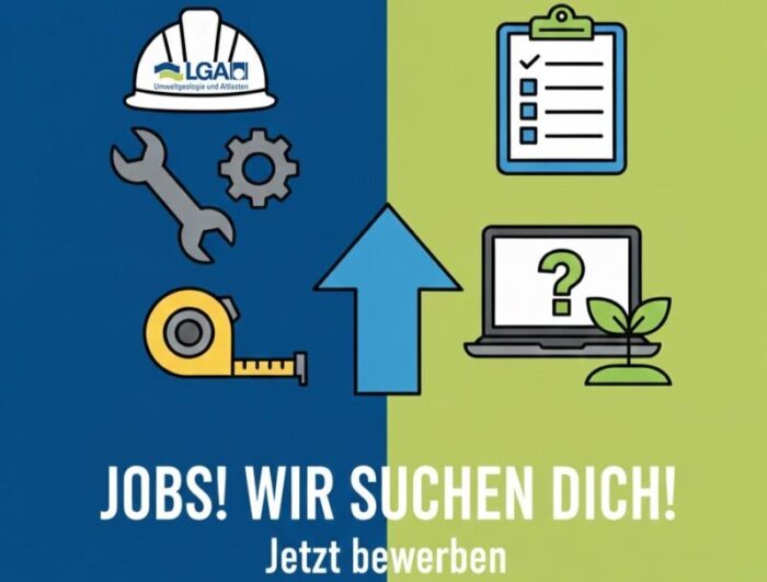 Das Bild zeigt eine grafische Darstellung mit Symbolen, die auf verschiedene Arbeitsbereiche hinweisen. Links sind ein Bauhelm, ein Schraubenschlüssel, ein Zahnrad und ein Maßband abgebildet, während rechts ein Klemmbrett mit Checkliste, ein Laptop mit einem Fragezeichen und einem kleinen Pflanzensymbol sowie ein blauer Pfeil nach oben zu sehen sind. Unten steht der Text Jobs! Wir suchen dich! Jetzt bewerben auf einem zweigeteilten Hintergrund in Blau und Grün.