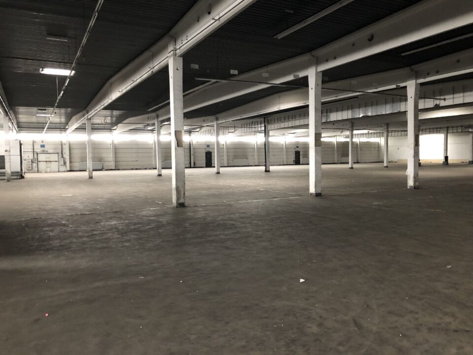 Das Bild zeigt eine große, leere Industriehalle mit einem weitläufigen Betonboden und zahlreichen weißen Stützpfeilern, die das Dach tragen. Die Halle ist gut beleuchtet durch eine Reihe von Lampen entlang der Decke, und im Hintergrund sind mehrere große Tore und Türen zu erkennen. Die Fläche wirkt sauber und frei von Maschinen oder Möbeln, was auf eine ungenutzte oder vorbereitete Lagerfläche hinweist.