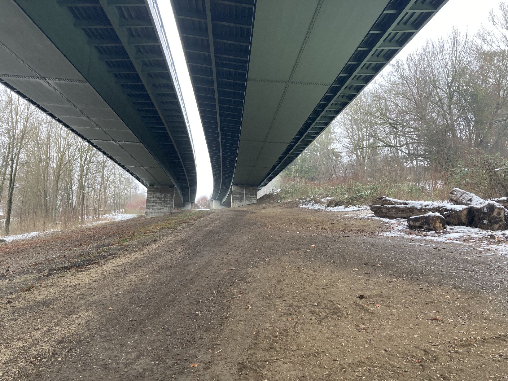Das Bild zeigt eine breite, unbefestigte Fläche unter zwei parallel verlaufenden Brücken. Die Brücken sind aus Stahl und Beton gefertigt und werden von massiven Pfeilern getragen. Links und rechts der Fläche befinden sich Bäume und Sträucher, teilweise mit einer leichten Schneeschicht auf dem Boden, was auf winterliche Bedingungen hinweist. Auf der rechten Seite liegen mehrere große Baumstämme am Rand der Fläche.