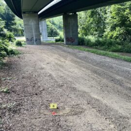 Das Bild zeigt eine breite, unbefestigte Fläche unter einer großen Brücke mit massiven Betonpfeilern. Auf dem Boden liegt ein gelbes Markierungsschild mit der Zahl 6 neben einem kleinen roten Punkt, was auf eine vermessene oder untersuchte Stelle hinweist. Im Hintergrund sind grüne Büsche und Bäume zu sehen, die die Umgebung naturnah wirken lassen, während die Brücke mit Graffiti an den Pfeilern versehen ist.