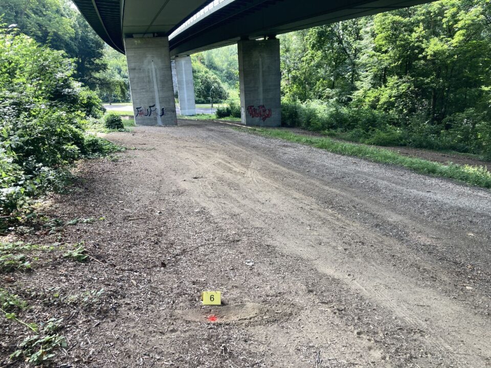 Das Bild zeigt eine breite, unbefestigte Fläche unter einer großen Brücke mit massiven Betonpfeilern. Auf dem Boden liegt ein gelbes Markierungsschild mit der Zahl 6 neben einem kleinen roten Punkt, was auf eine vermessene oder untersuchte Stelle hinweist. Im Hintergrund sind grüne Büsche und Bäume zu sehen, die die Umgebung naturnah wirken lassen, während die Brücke mit Graffiti an den Pfeilern versehen ist.
