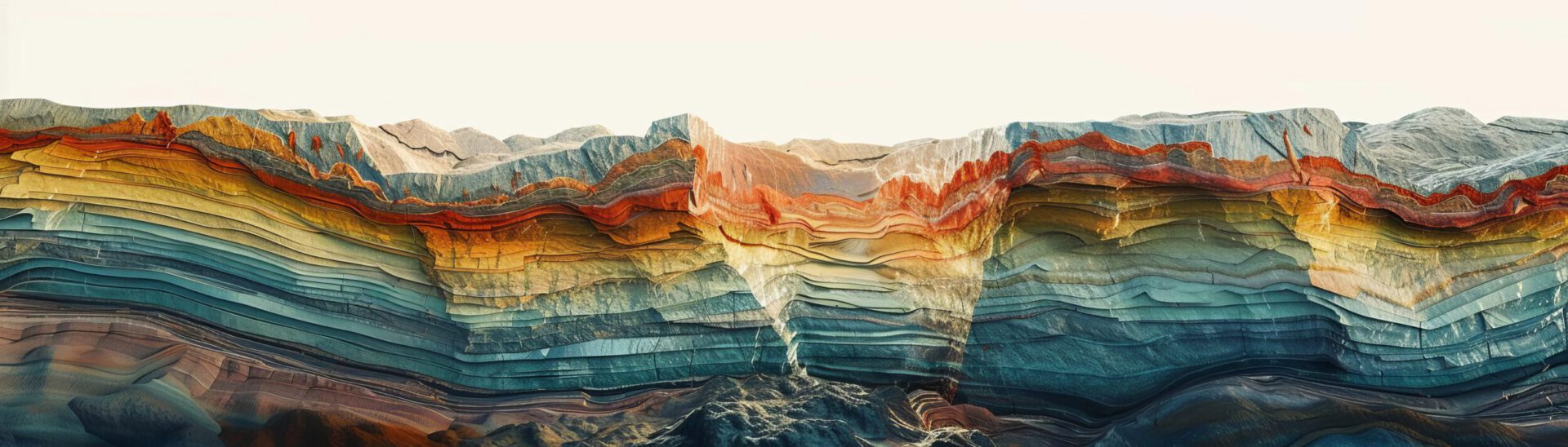 Das Bild zeigt eine künstlerische Darstellung von geologischen Schichten in einem aufgeschnittenen Erdprofil. Die Schichten sind in unterschiedlichen Farben dargestellt, darunter Blau-, Grün-, Gelb- und Rottöne, die die verschiedenen Gesteins- und Sedimentlagen symbolisieren. Die Struktur wirkt wie ein Querschnitt durch Gebirge oder Felsformationen und vermittelt den Eindruck von komplexen geologischen Prozessen über lange Zeiträume.