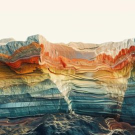 Das Bild zeigt eine künstlerische Darstellung von geologischen Schichten in einem aufgeschnittenen Erdprofil. Die Schichten sind in unterschiedlichen Farben dargestellt, darunter Blau-, Grün-, Gelb- und Rottöne, die die verschiedenen Gesteins- und Sedimentlagen symbolisieren. Die Struktur wirkt wie ein Querschnitt durch Gebirge oder Felsformationen und vermittelt den Eindruck von komplexen geologischen Prozessen über lange Zeiträume.