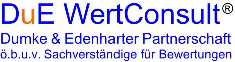 Das Bild zeigt ein farbiges Firmenlogo auf weißem Hintergrund. Oben steht groß der Schriftzug „DuE WertConsult®“. Die Buchstaben „D“ und „u“ sind farblich hervorgehoben (blau und orange), der restliche Text ist überwiegend blau.
