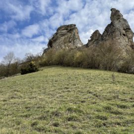 Das Bild zeigt eine offene Wiese mit kurzem, grünem Gras, das sich sanft den Hang hinaufzieht. Im Hintergrund ragen markante Felsformationen steil in den Himmel, flankiert von einzelnen Sträuchern und kahlen Bäumen, die auf den frühen Frühling hinweisen.