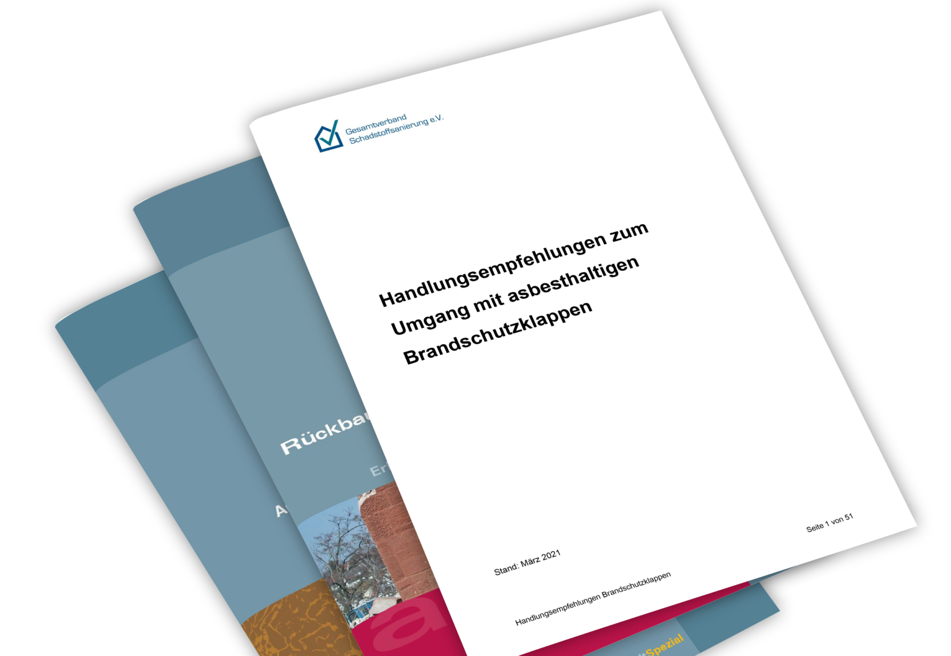Das Bild zeigt mehrere übereinanderliegende Titelseiten von Fachpublikationen, die leicht schräg angeordnet sind. Im Vordergrund ist eine weiße Titelseite mit klarer, nüchterner Gestaltung zu sehen, dahinter weitere Ausgaben in gedeckten Blau- und Rottönen. Die Darstellung vermittelt den Eindruck offizieller Arbeits- und Informationsmaterialien.