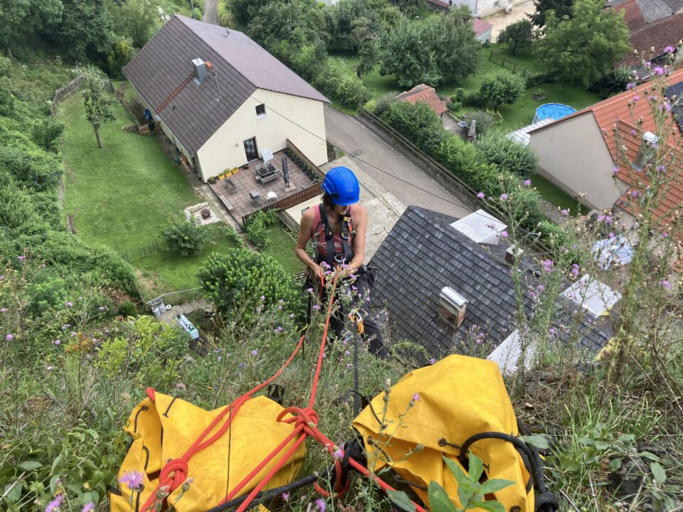 Das Bild zeigt eine Person mit Schutzhelm und Kletterausrüstung, die sich an einem steilen Hang mit Seilen abseilt. Im Vordergrund liegen zwei große gelbe Taschen. Im Hintergrund sind mehrere Wohnhäuser mit Gärten und grünen Bäumen zu sehen, was auf eine ländliche Umgebung hinweist.