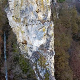 Das Bild zeigt eine hohe, senkrechte Felswand mit hellen und dunkleren Gesteinsflächen, die teilweise mit Flechten bedeckt sind. Links neben der Felswand verläuft ein Schutzzaun, der sich durch die bewaldete Umgebung zieht. Im Hintergrund sind dichte Bäume in herbstlichen Farben zu sehen, die die Szenerie einrahmen.