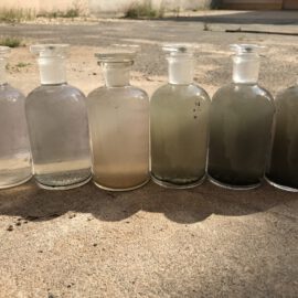 Das Bild zeigt sechs Glasflaschen mit breitem Hals und Glasstopfen, die nebeneinander auf einem sonnigen Betonboden stehen. Jede Flasche enthält Wasserproben mit unterschiedlichen Trübungsgraden: von fast klar links bis hin zu stark getrübt und dunkel rechts.