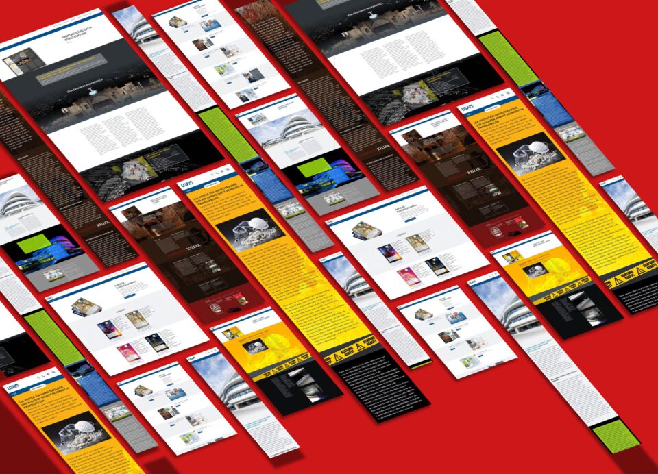 Das Bild zeigt eine Vielzahl von digitalen Magazin- und Webseitenlayouts, die schräg nebeneinander auf rotem Hintergrund angeordnet sind. Zu sehen sind unterschiedliche Artikelansichten mit Bildern, Textspalten, farbigen Infoboxen und Projektpräsentationen. Die Darstellung vermittelt einen Überblick über eine umfangreiche Online-Publikation mit verschiedenen Themenbereichen.