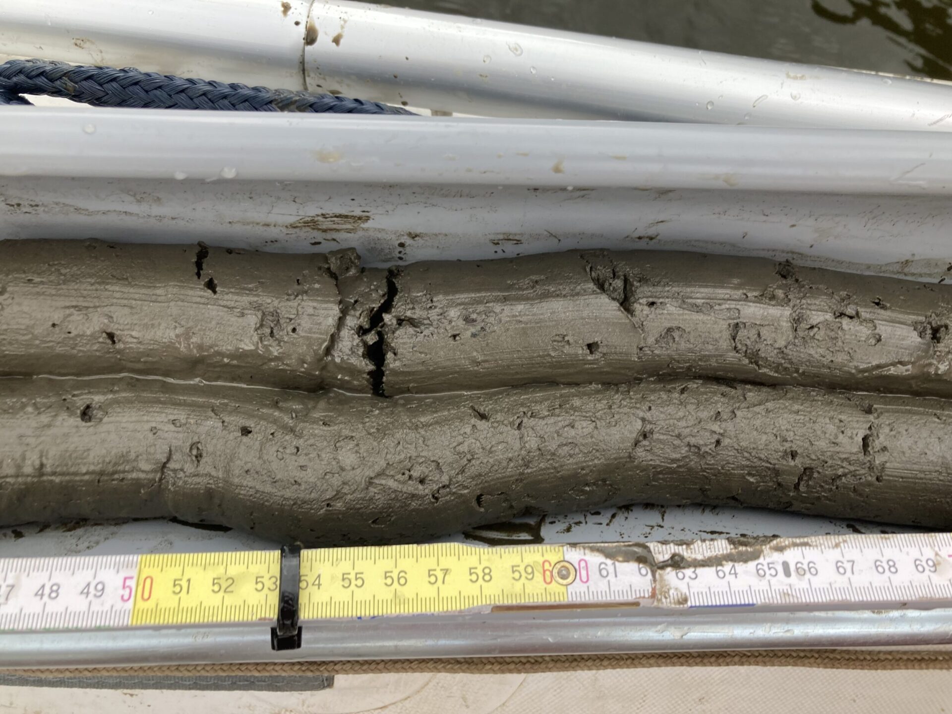Das Bild zeigt eine Nahaufnahme eines Sedimentkerns aus grauem Schlamm oder Ton in einem zylindrischen Behälter. Unter dem Behälter liegt ein Maßband, das eine Länge des Kerns von etwa 45 bis 70 Zentimeter anzeigt.