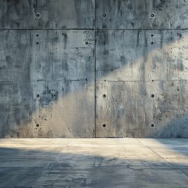 Das Bild zeigt eine große Betonwand mit einer glatten, grauen Oberfläche, die durch zahlreiche runde Befestigungspunkte strukturiert ist. Auf dem Boden liegt ebenfalls eine Betonfläche, und ein breiter Lichtstreifen fällt schräg von rechts oben auf die Wand und den Boden, wodurch ein deutlicher Kontrast zwischen hellen und dunklen Bereichen entsteht.