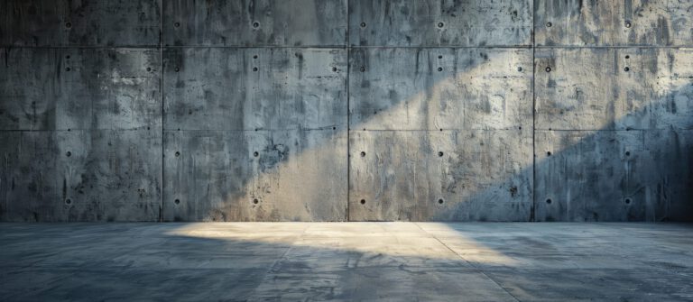 Das Bild zeigt eine große Betonwand mit einer glatten, grauen Oberfläche, die durch zahlreiche runde Befestigungspunkte strukturiert ist. Auf dem Boden liegt ebenfalls eine Betonfläche, und ein breiter Lichtstreifen fällt schräg von rechts oben auf die Wand und den Boden, wodurch ein deutlicher Kontrast zwischen hellen und dunklen Bereichen entsteht.