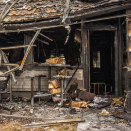 Das Bild zeigt die stark beschädigte Fassade eines Gebäudes nach einem Brand. Die Wände sind verrußt und teilweise eingestürzt, mit verbrannten Holz- und Metallteilen, die chaotisch hervorstehen. Im Vordergrund liegen verkohlte Möbelreste und Trümmer, während der Innenraum dunkel und ausgebrannt wirkt, mit sichtbaren Spuren von Feuer und Rauch.