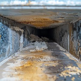 Das Bild zeigt das Innere eines Lüftungskanals, der stark verschmutzt ist. Auf den Metallflächen befinden sich Ablagerungen in Form von Staub, Schmutz und teilweise weißlichen sowie bräunlichen Rückständen, die sich an den Wänden und am Boden gesammelt haben. Die Oberfläche wirkt unregelmäßig und zeigt deutliche Spuren von Feuchtigkeit und Verkrustungen, was auf eine lange Nutzungsdauer ohne Reinigung hinweist.