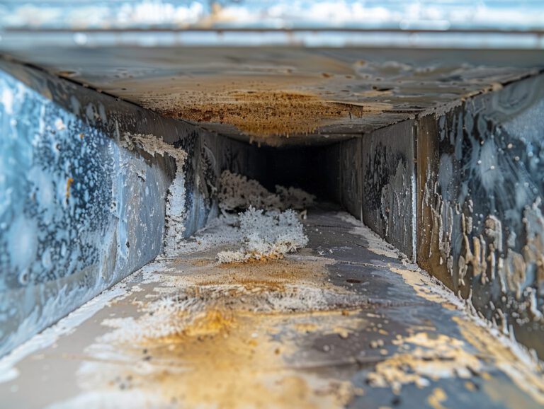 Das Bild zeigt das Innere eines Lüftungskanals, der stark verschmutzt ist. Auf den Metallflächen befinden sich Ablagerungen in Form von Staub, Schmutz und teilweise weißlichen sowie bräunlichen Rückständen, die sich an den Wänden und am Boden gesammelt haben. Die Oberfläche wirkt unregelmäßig und zeigt deutliche Spuren von Feuchtigkeit und Verkrustungen, was auf eine lange Nutzungsdauer ohne Reinigung hinweist.