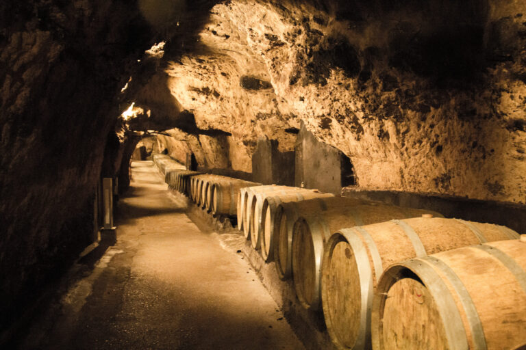 Das Bild zeigt einen langen, tunnelartigen Felsenkeller, der warm beleuchtet ist und nach hinten in die Tiefe führt. Entlang einer Seite stehen dicht an dicht große Holzfässer aufgereiht, während der glatte Boden als schmaler Gang zwischen Felswand und Fässern verläuft.