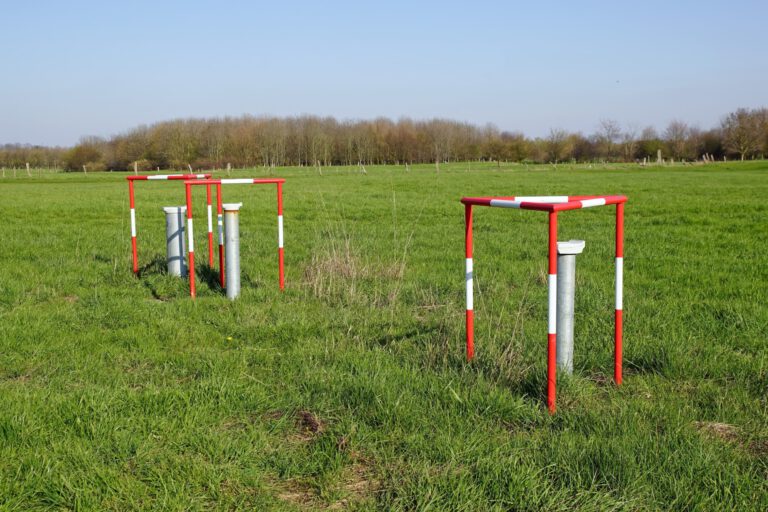 Das Bild zeigt eine grüne Wiese mit mehreren silberfarbenen Rohren, die senkrecht aus dem Boden ragen. Um jedes Rohr ist eine rot-weiß markierte Schutzkonstruktion aus Metall angebracht, die wie ein rechteckiger Rahmen aussieht. Im Hintergrund sind Bäume und ein klarer blauer Himmel zu sehen, was auf eine offene Landschaft hinweist.