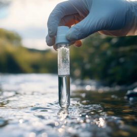 Das Bild zeigt eine Hand mit einem weißen Schutzhandschuh, die ein kleines Glasröhrchen mit durchsichtigem Wasser hält. Das Röhrchen wird direkt aus einem flachen Bach oder Fluss entnommen, dessen Wasser klar über Steine fließt. Im Hintergrund sind grüne Pflanzen und unscharfe Uferbereiche zu sehen, was auf eine natürliche Umgebung hinweist.