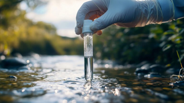 Das Bild zeigt eine Hand mit einem weißen Schutzhandschuh, die ein kleines Glasröhrchen mit durchsichtigem Wasser hält. Das Röhrchen wird direkt aus einem flachen Bach oder Fluss entnommen, dessen Wasser klar über Steine fließt. Im Hintergrund sind grüne Pflanzen und unscharfe Uferbereiche zu sehen, was auf eine natürliche Umgebung hinweist.