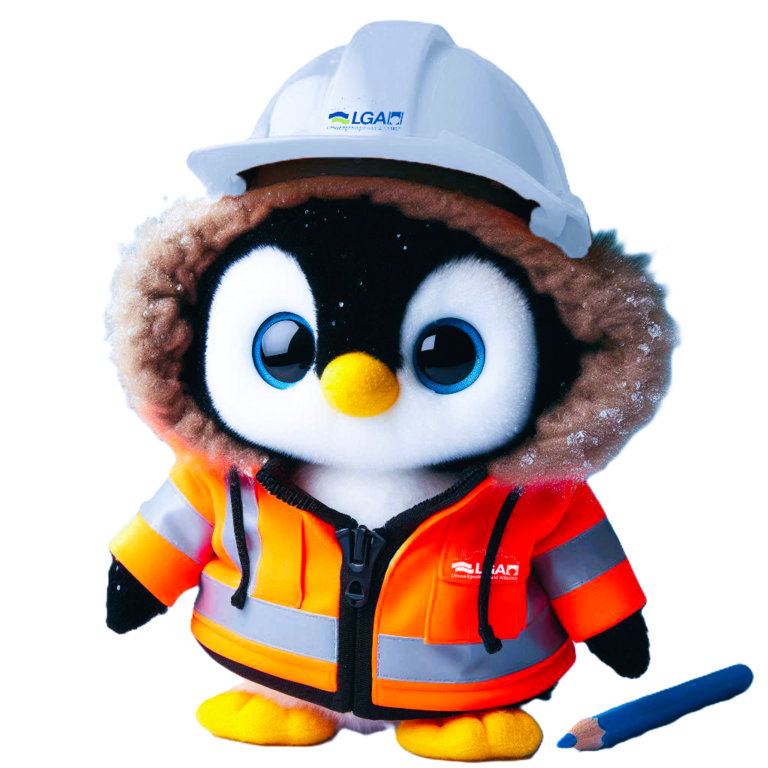 Das Bild zeigt ein Plüschtier in Form eines Pinguins, das mit einer orangefarbenen Warnschutzjacke und einem weißen Bauhelm bekleidet ist. Der Pinguin steht aufrecht und trägt eine Kapuze mit Fellrand, die den Kopf umrahmt. Rechts neben dem Pinguin liegt ein blauer Buntstift auf einer weißen Fläche.