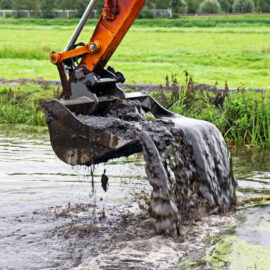 Das Bild zeigt den Greifarm eines Baggers, der aus einem Gewässer dunklen, schlammigen Boden hebt. Aus der Schaufel fließt Wasser zurück in das Gewässer, während der Schlamm teilweise daran haftet. Im Hintergrund ist eine grüne Wiese mit dichtem Gras und vereinzelten Pflanzen zu sehen, die von einem klaren blauen Himmel überdeckt wird.