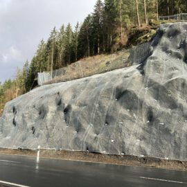 Das Bild zeigt eine steile Böschung, die vollständig mit einem engmaschigen Drahtnetz gesichert ist. Das Netz ist großflächig über die unregelmäßige Oberfläche gespannt und mit zahlreichen Befestigungspunkten fixiert. Im Hintergrund stehen hohe Nadelbäume auf dem Hang, während im Vordergrund eine asphaltierte Straße verläuft, die parallel zur Böschung führt.