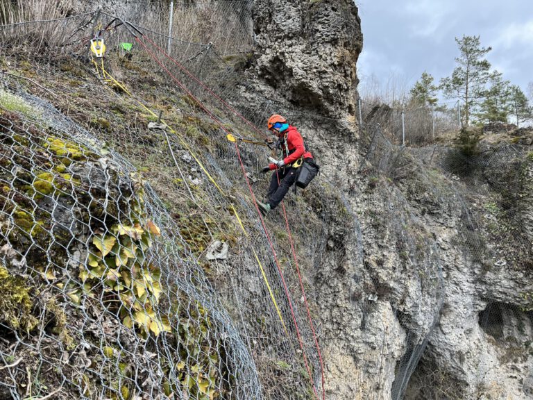 Eine Person arbeitet an einer steilen Felswand und ist mit Kletterausrüstung sowie Sicherheitsseilen gesichert. Die Felswand ist teilweise mit Drahtnetzen bedeckt, die vermutlich zur Sicherung gegen Steinschlag dienen. Im Hintergrund sind einige Bäume und ein bewölkter Himmel zu sehen.