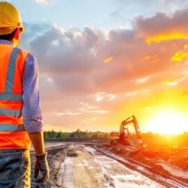 Das Bild zeigt eine Baustelle bei Sonnenuntergang, auf der eine Person mit gelbem Schutzhelm und orangefarbener Warnweste im Vordergrund steht. Die Person blickt auf eine große Fläche mit Erdarbeiten, auf der ein Bagger in einem Graben arbeitet. Der Himmel ist teilweise bewölkt und leuchtet in warmen Farben, während die Sonne tief am Horizont steht und die Szene in goldenes Licht taucht.