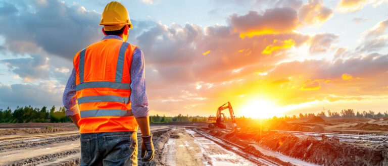Das Bild zeigt eine Baustelle bei Sonnenuntergang, auf der eine Person mit gelbem Schutzhelm und orangefarbener Warnweste im Vordergrund steht. Die Person blickt auf eine große Fläche mit Erdarbeiten, auf der ein Bagger in einem Graben arbeitet. Der Himmel ist teilweise bewölkt und leuchtet in warmen Farben, während die Sonne tief am Horizont steht und die Szene in goldenes Licht taucht.