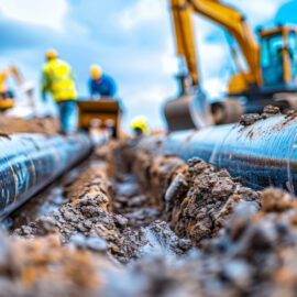Das Bild zeigt eine Baustelle, auf der große schwarze Rohre in einem offenen Graben verlegt werden. Im Vordergrund ist der Graben mit Erde und Steinen zu sehen, während im Hintergrund Bauarbeiter in Warnkleidung und ein gelber Bagger arbeiten. Der Himmel ist leicht bewölkt, und die Szene vermittelt den Eindruck einer Rohrleitungsinstallation im Freien.