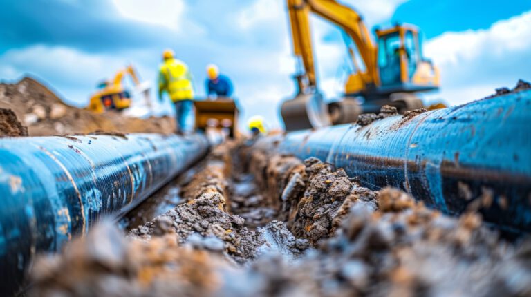 Das Bild zeigt eine Baustelle, auf der große schwarze Rohre in einem offenen Graben verlegt werden. Im Vordergrund ist der Graben mit Erde und Steinen zu sehen, während im Hintergrund Bauarbeiter in Warnkleidung und ein gelber Bagger arbeiten. Der Himmel ist leicht bewölkt, und die Szene vermittelt den Eindruck einer Rohrleitungsinstallation im Freien.