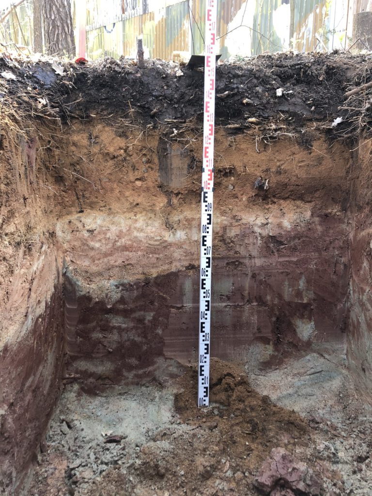Das Bild zeigt ein tiefes Bodenprofil, das in einem Erdloch freigelegt wurde. In der Mitte steht eine Messlatte mit Zentimeterangaben, die die Tiefe des Profils anzeigt. Die verschiedenen Bodenschichten sind deutlich erkennbar und variieren in Farbe von dunkelbraun oben über hellere Schichten bis hin zu rötlichen und grauen Bereichen unten.